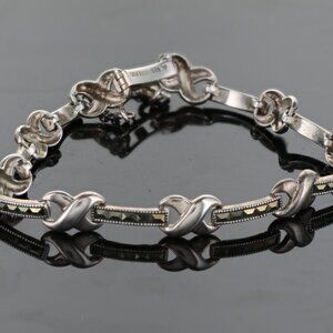 925 Sterling Silver Vintage Real Marcasite Infinity & Bar Link Bracelet 7.25"